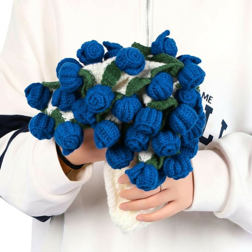 花束になるブランケット 完成品 フラワーブランケット ブーケ 編み物 贈り物 (ブルー 薔薇 60cm, 60cm)