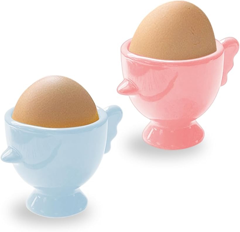 エッグスタンド おしゃれ 陶器 ゆで卵 エッグホルダー セラミック 2個セット (ライトブルーxピンク)