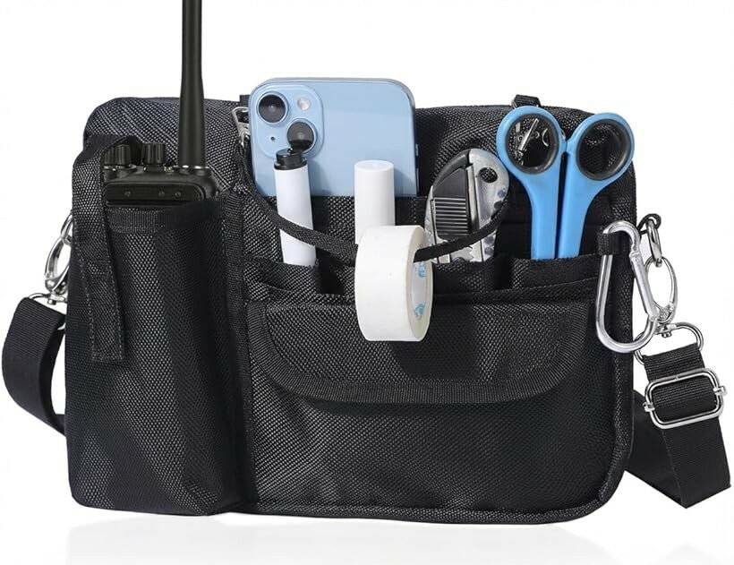 多機能2WAYウエストポーチ ナースポーチ ウエストバッグ タブレットバッグ ダブルジッパー 複数ポケット ショルダーベルト付き 業務用 作業用 看護 介護 接客 撥水 防傷 (スタンダード/ブラック, L)