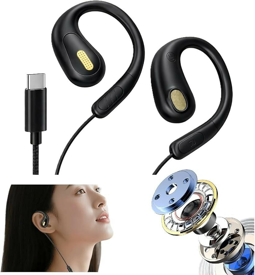 高音改良型 オープンイヤー イヤホン 有線 マイク付き パソコン用 会議用 耳掛け 耳を塞がない 耳が痛くならない 開放型 イヤーカフ ながら聴き (タイプC ブラック)