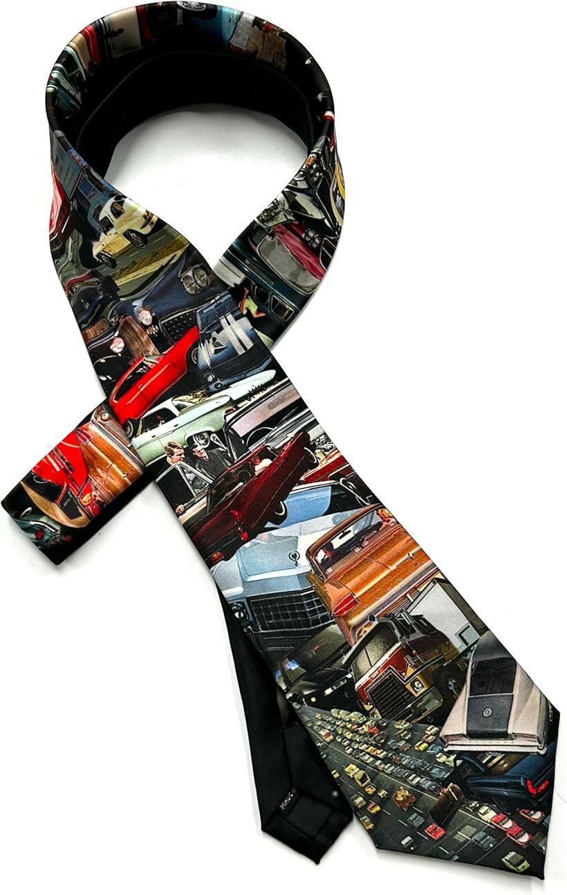 ネクタイ 車 クラシックカー ヴィンテージカー 柄 シルクタッチ ポリエステル 幅8cm 総柄 モータースポーツ 趣1味 メンズ プレゼント tie2602-05 (ブラック)