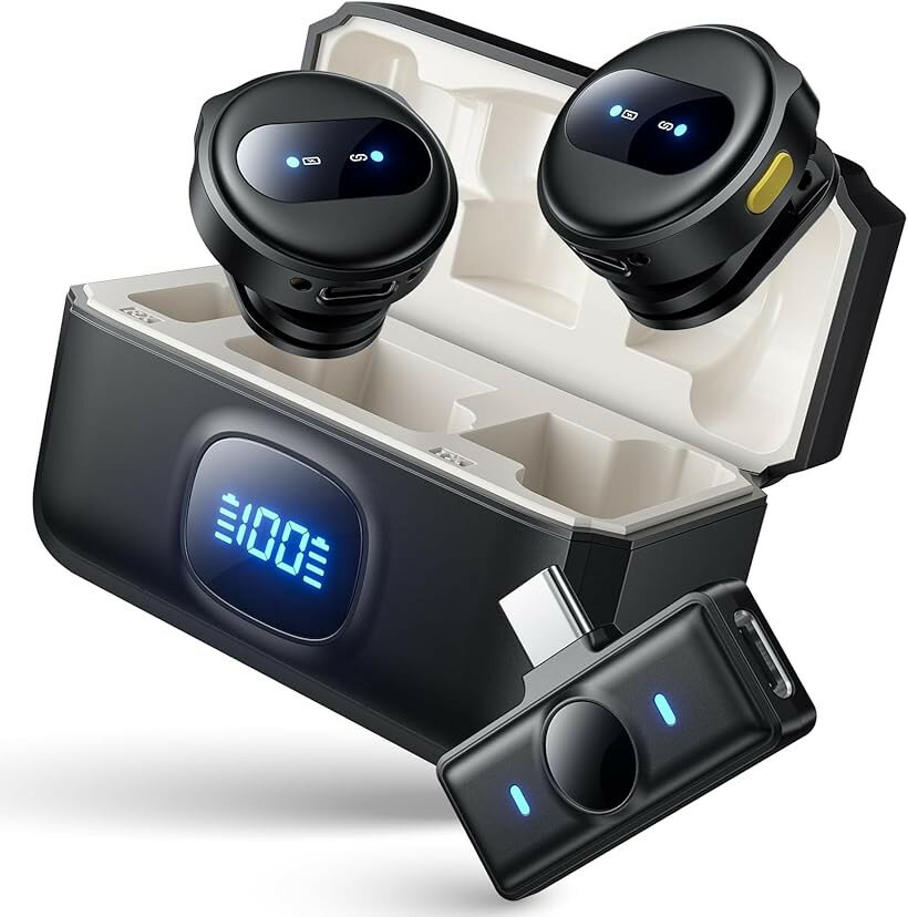 新型ピンマイク ワイヤレス iPhone/iPad/Android/PC対応 2人同時使用 瞬時接続 360°集音 ワイヤレスマイク 収音録音 24時間使用 充電ケース付 50m転送距離 超ミニ 軽量 マグネット式 (ブラック)