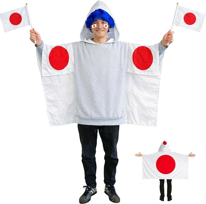 応援グッズセット 国旗マント フード付き アフロ 日の丸 手旗2本 リュック タトゥー付 スポーツ観戦 (日本＋青アフロ, 標準)