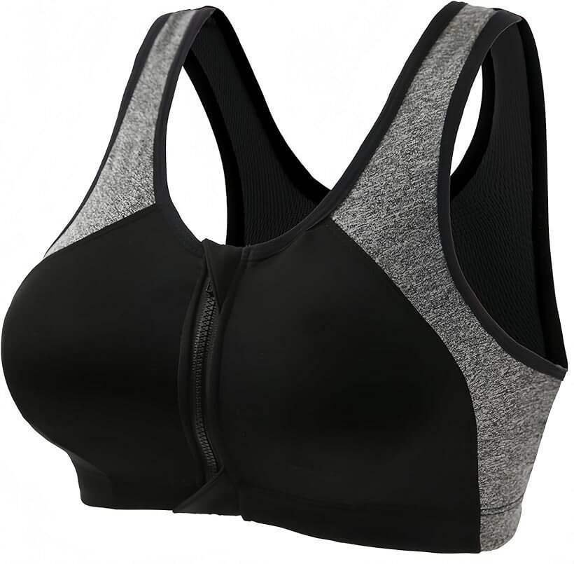 スポーツブラ ヨガウェア トップス 揺れない レディース スポブラ 大人 フィットネス スポーツブラジャー 前開き 速乾 通気 伸縮性 ノンワイヤー 一体型カップ (ブラック/グレー, L)