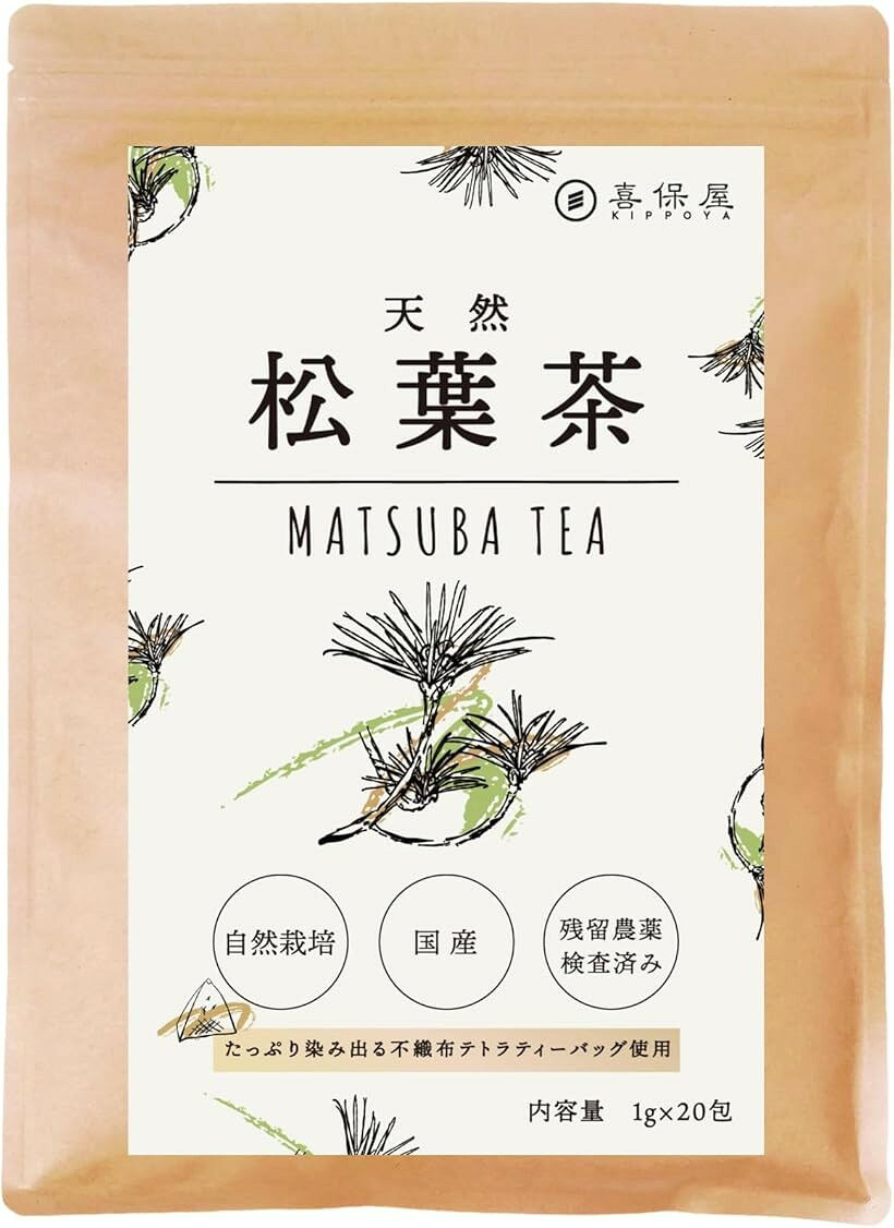 バリエーションコード : 2b9i401h33商品コード2b9y539q65商品名天然 松葉茶 1gx20包 国産 この道50年の焙煎でスッキリ ティーバッグ 残留農薬検査済み 水出し可能 ノンカフェインブランド喜保屋サイズ等1gx20包「大自然で育た素材を使用」四国地方の大自然に自生している松葉を使用しています。様々な植物と共生して育った松葉は畑で育った素材とは一味違います。「この道50年の焙煎」お茶を作ってこの道50年のノウハウを利用して焙煎をしています。クセが少なく、スッキリとした味わいに仕上げました。「農薬や化学肥料は未使用」自生している松葉だから農薬や化学肥料は使用していません。「残留農薬検査を実施済み」より安心して飲んで頂くため残留農薬検査を行い、農薬不検出の素材を使用しております。「安心の国内製造」国内のHACCP認定工場にて製造を行っています。「原産国」国産※ 他ネットショップでも併売しているため、ご注文後に在庫切れとなる場合があります。予めご了承ください。※ 品薄または希少等の理由により、参考価格よりも高い価格で販売されている場合があります。ご注文の際には必ず販売価格をご確認ください。※ 沖縄県、離島または一部地域の場合、別途送料の負担をお願いする場合があります。予めご了承ください。※ お使いのモニタにより写真の色が実際の商品の色と異なる場合や、イメージに差異が生じることがあります。予めご了承ください。※ 商品の詳細（カラー・数量・サイズ 等）については、ページ内の商品説明をご確認のうえ、ご注文ください。※ モバイル版・スマホ版ページでは、お使いの端末によっては一部の情報が表示されないことがあります。すべての記載情報をご確認するには、PC版ページをご覧ください。自生している松葉を使用して、この道50年の職人が焙煎してスッキリとした印象に仕上げました。名称：松葉茶原材料：松葉(国産)内容量：20g(1gx20包)賞味期限：パッケージに記載保存方法：直射日光、高温多湿をさけて保存してください販売者：株式会社しょくさい愛知県名古屋市中村区名駅4丁目24番5号第2森ビル401・開封後はお早めにお召し上がり下さい。また、湿気に注意してチャックをしっかりとお閉め下さい。・熱湯を注ぐ際はやけどにご注意下さい。・本品は植物を原料にしておりますので、色や香りに差が ありますが、品質には問題ありません。・アレルギーのある方はお召し上がりをお控え下さい。・抽出後はティーバッグを取り出して下さい。過度に抽出するとえぐみが出てしまいます。