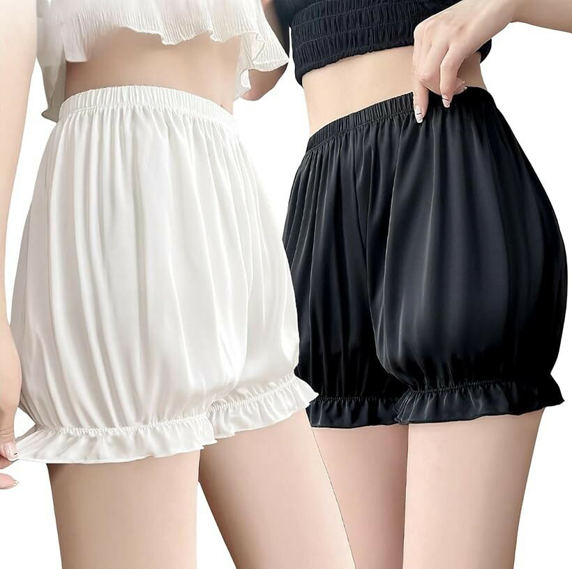 オーバー パンツ 2枚 セット 見せ ペチ カバー ウェア かぼちゃ 無地 レディース ショート 丈 スカート の下 吸汗 速乾 通気 伸縮 性 (白 黒 各1枚, L)