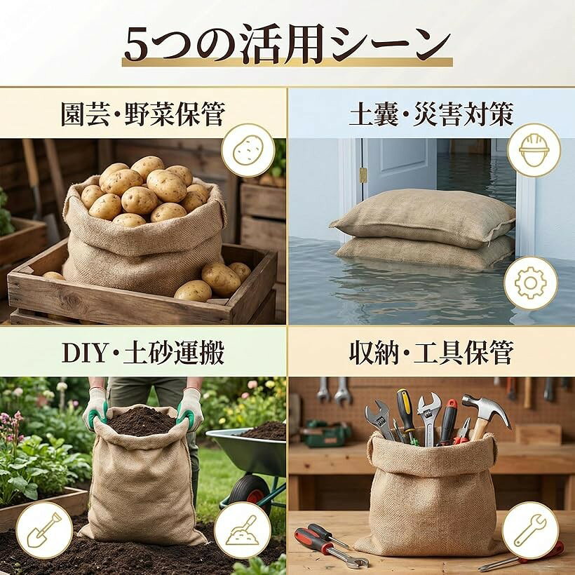 【楽天ランキング1位入賞】土のう袋 5枚セット 口紐付き 土嚢袋 麻袋 砂袋 厚手 ガ...