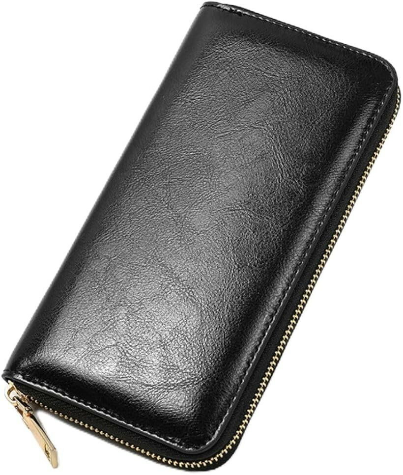 長財布 本革 オイルレザー 経年変化を楽しむ メンズ レディース スキミング防止 RFID 大容量 牛革 ラウンドファスナー 小銭入れ 大きく開く 金運 (ブラック)