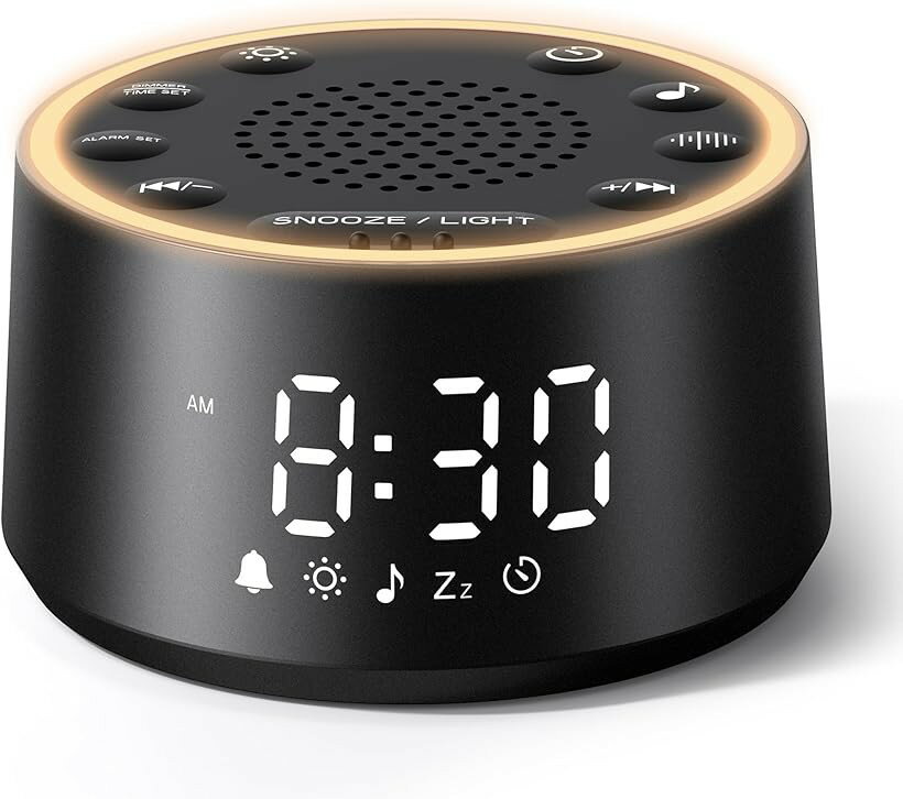 ホワイトノイズマシン 25曲癒し音 目覚まし時計 おしゃれ 大音量 100dB7種アラーム音x32段階音量x時間表示部5段階調光スヌーズ機能付き USB給電式 (黒)