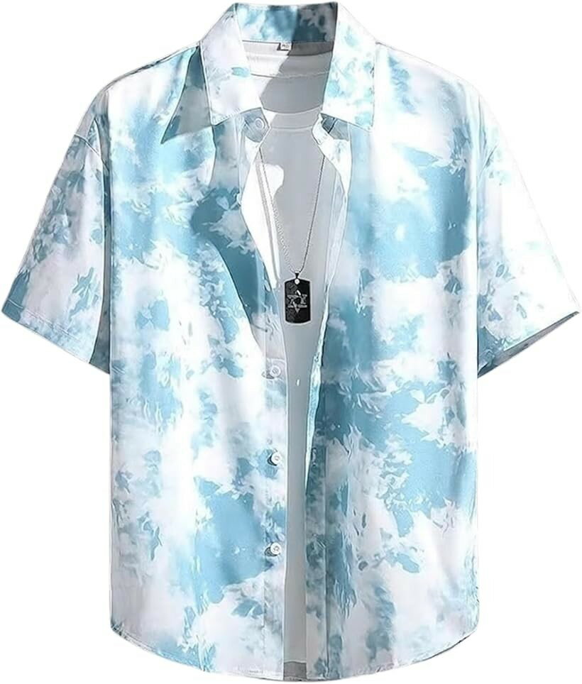 アスペルシオ 襟付き ビーチシャツ 半袖 総柄 開き 柔らかい ハワイ風 レトロ ファッション 軽い 涼しい トップス メンズ 爽やか さらさら やわらか オシャレ 速乾性 冷感 ミリタリー (マーブルブルー, 2XL)