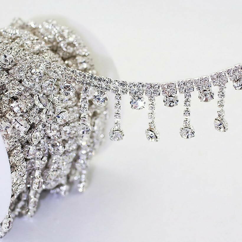 ラインストーン リボン チェーン タッセル フリンジ クリスタル 手芸 アクセサリーパーツ ガラス ウェディング デコレーション 装飾 (A/シルバー)