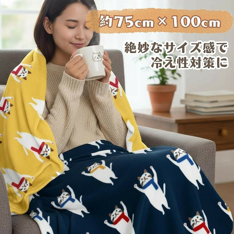毛布 ブランケット 膝掛け 肩掛け 暖かい あったかグッズ 防寒グッズ 洗える 猫が手をあげるデザイン (ブルー, 75x100cm) [3]