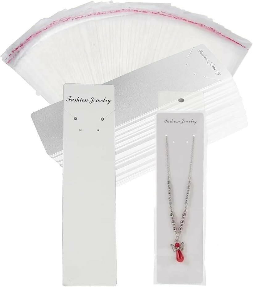 ネックレス台紙 OPP袋付き100枚セット ジュエリー アクセサリー 展示 販売用 包装資材 (白, 5.5x21cm)