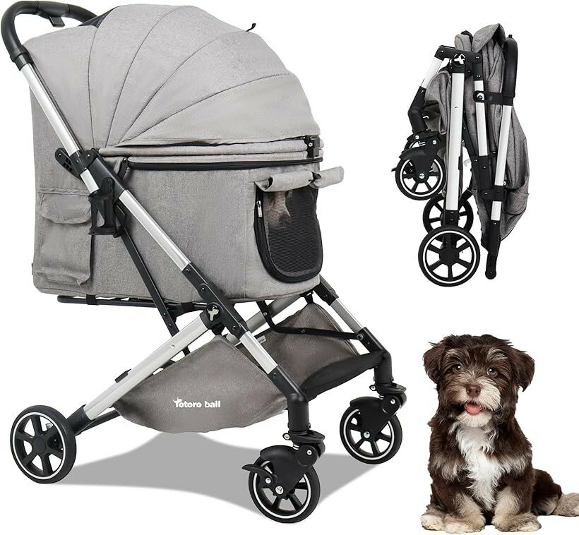 Nursing Cart - ペットカート 犬 バギー 4輪 小型犬 中型犬 多頭 ペットキャリーカート ワンタッチ折り畳み 自立式 ゴム製大口径タイヤ 一体型 ペットバギー コンパクト 広い空間 前輪固定 軽量 タイヤ緩衝設計 通気窓 飛び出し防止 (グレー, 中型)