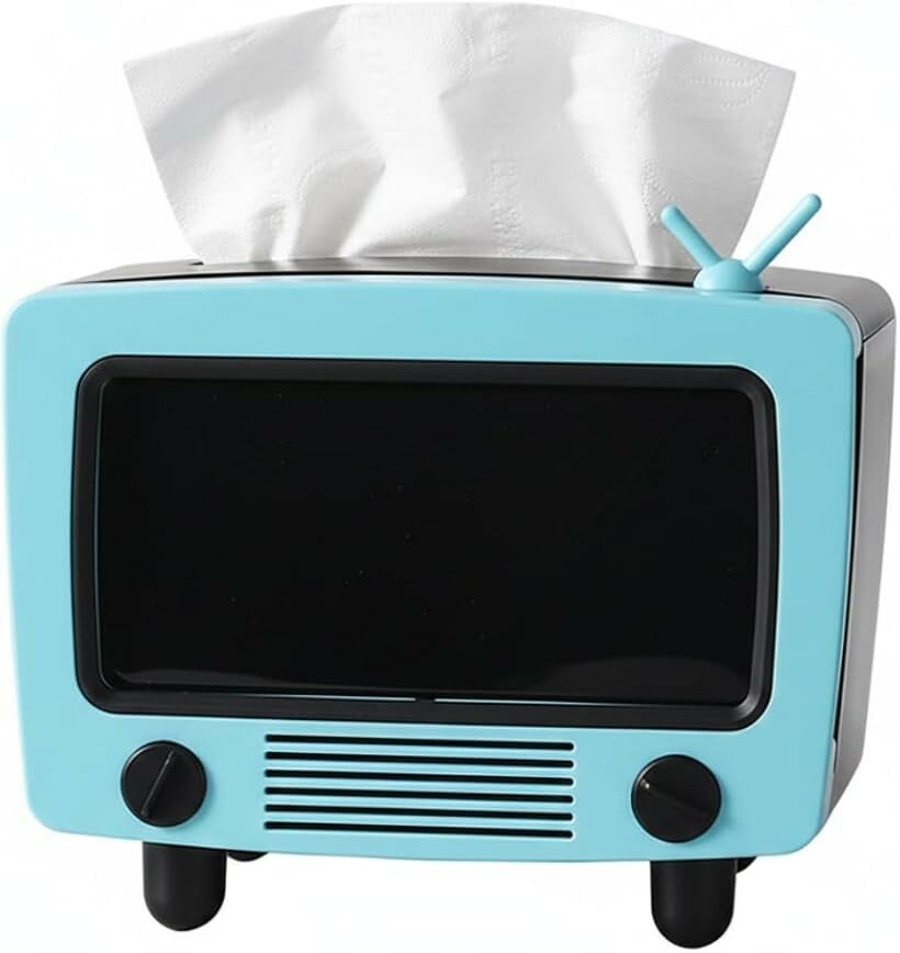 多機能 ティッシュケース レトロテレビ型 スマホスタンド 小物入れ ティッシュボックス 卓上収納ケース 縦置き スマホホルダー 現代シンプル インテリア雑貨 (スカイブルー, 18.5長さ x 23.5幅 x 15.5高さ cm)