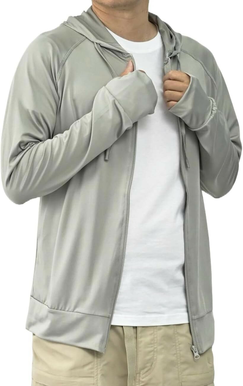接触冷感 Q-MAX メンズ ラッシュガード 軽量 速乾 UPF50+ UVカット 長袖 指穴付き (アッシュグレー / 簡易包装版, M)
