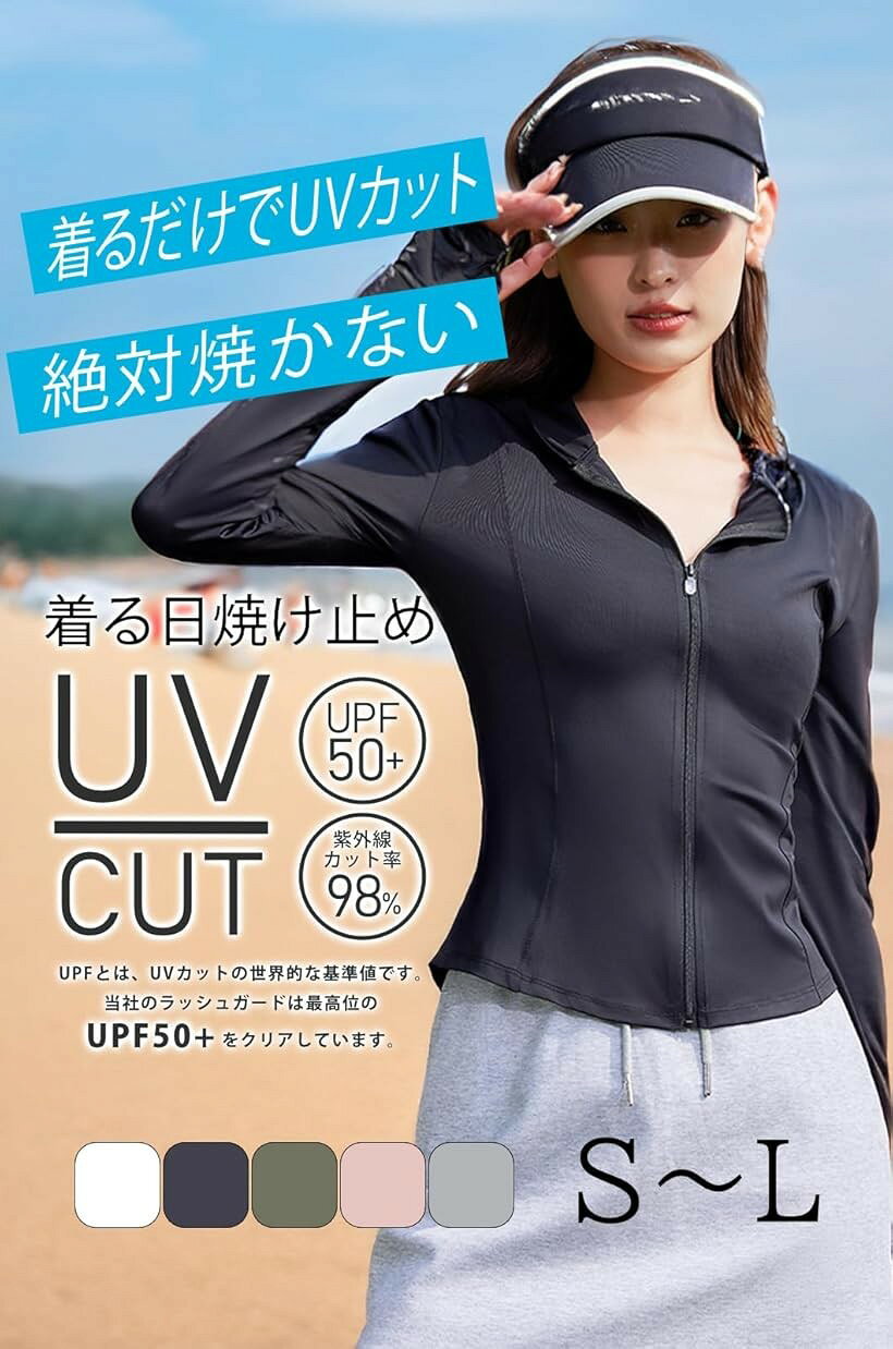 ラッシュガード レディース 長袖 水着 UVカット タイト ラッシュパーカー 日焼け対策ウェア フード付き 接触冷感 薄手 ファスナー ポケット (ブラック / J20032, L)