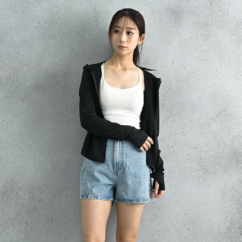 ラッシュガード レディース 長袖 水着 UVカット タイト ラッシュパーカー 日焼け対策ウェア フード付き 接触冷感 薄手 ファスナー ポケット (ブラック / J20032, L)