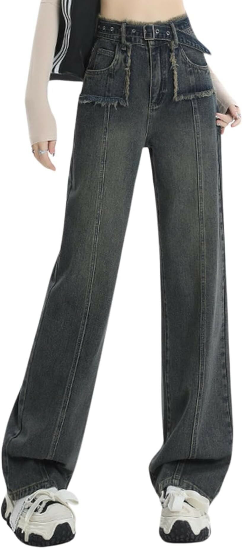 カナエルン デニム レディース ストレート フレア デニムパンツ ウォッシュ加工 ジーパン ジーンズ レギュラー 足長 腰高 ハイウエスト ダメージ 調整 (ネイビー, M)