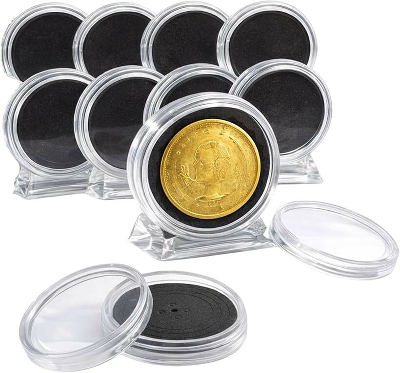 Currency Related Goods - HOTQ コインカプセル ケース 40mm ディスプレイスタンド 収納 台座付 透明 保護 記念硬貨 10個 (透明)