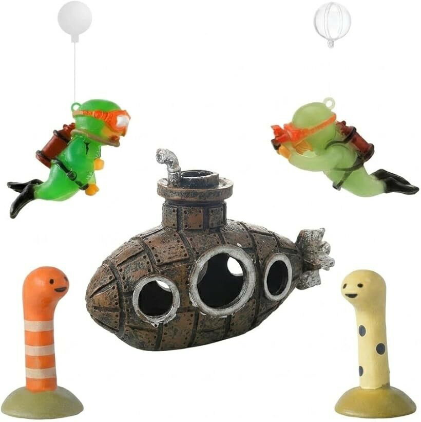 アクアリウム 水槽 オブジェ 潜水艦 チンアナゴ ダイバー 5点 セット 隠れ家 レイアウト オーナメント 飾り 熱帯魚 金魚 (夜光・深海探索セット, 潜水艦（12.5x6x8cm）、ダイバー（3.5x6cm）、チンアナゴ（2～3cm）)
