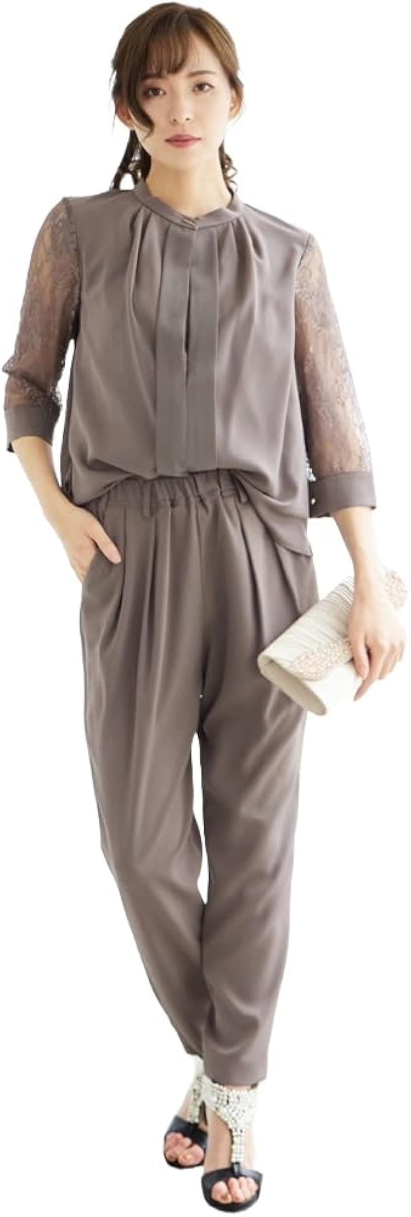 スリーブレース切り替えパンツドレス セットアップ 上品 おしゃれ 結婚式 二次会 入学式 卒業式 軽い生地 ゴールド留め具 袖カフス 洗練 きれいめドレス デイリー同窓会 (モカ, 3L)