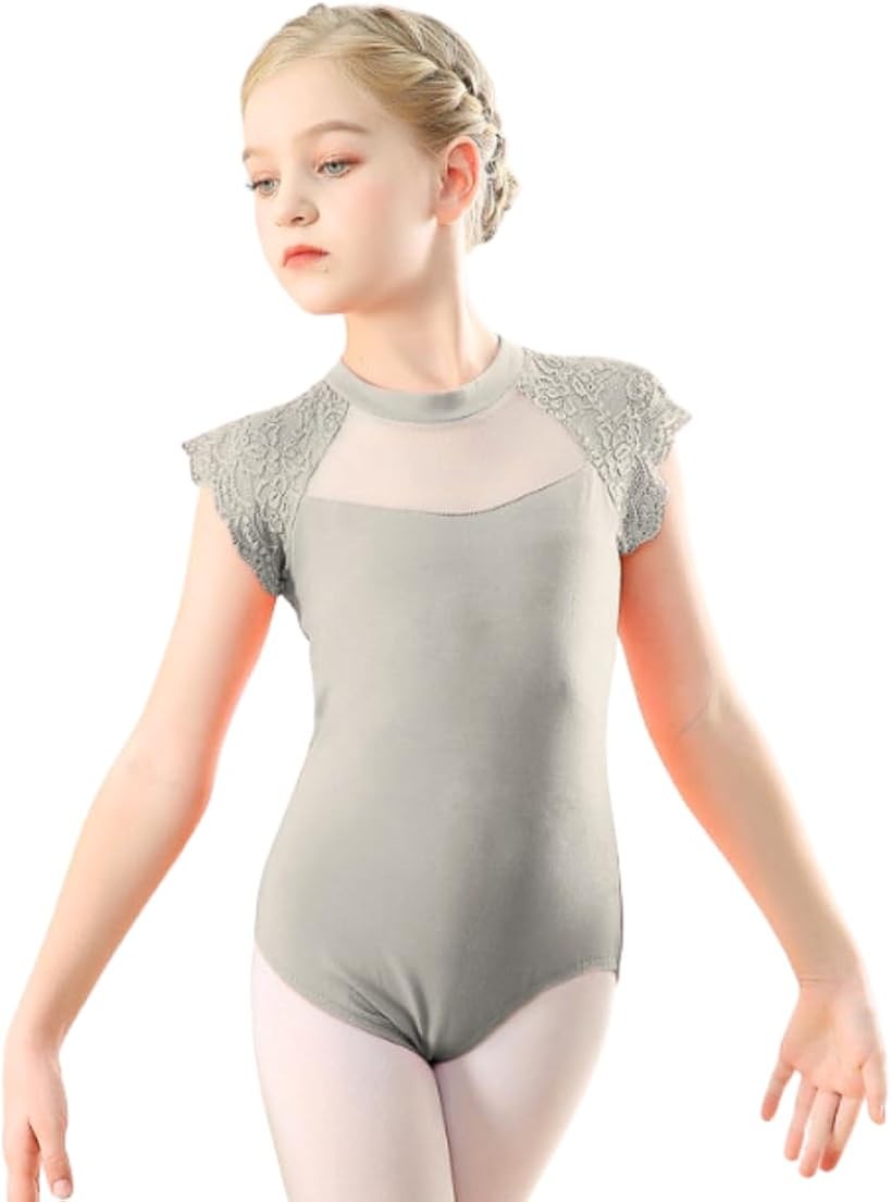 キッズ レオタード バレエ ダンス レース 子供 衣装 練習用 股下スナップ 新体操 発表会 (シルバー, 180cm)