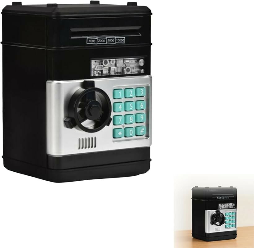 Coin Banks - 貯金箱 ダイヤルロック ATM 金庫 おもしろ (ブラック, 13.3x13.5x19.5cm)