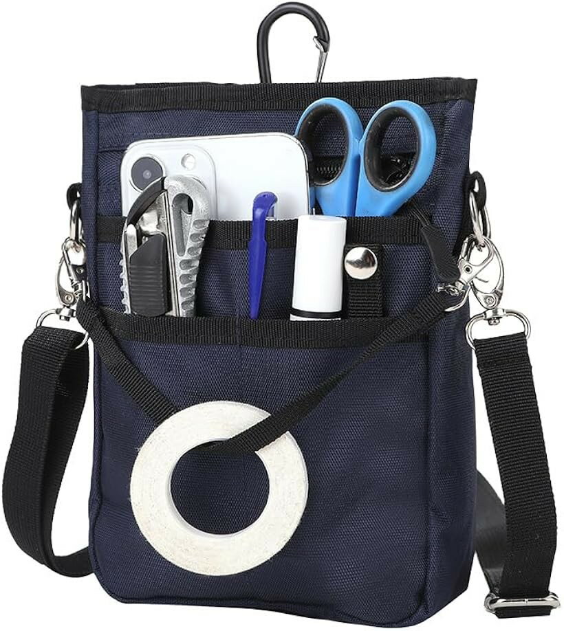 4WAY ミニサコッシュ マグネット開閉 スマホポーチ シザーバッグ ナースポーチ 看護 介護 作業ポーチ スマホ2台持ち対応 カラビナ (ネイビー, M マチサイズUP版)