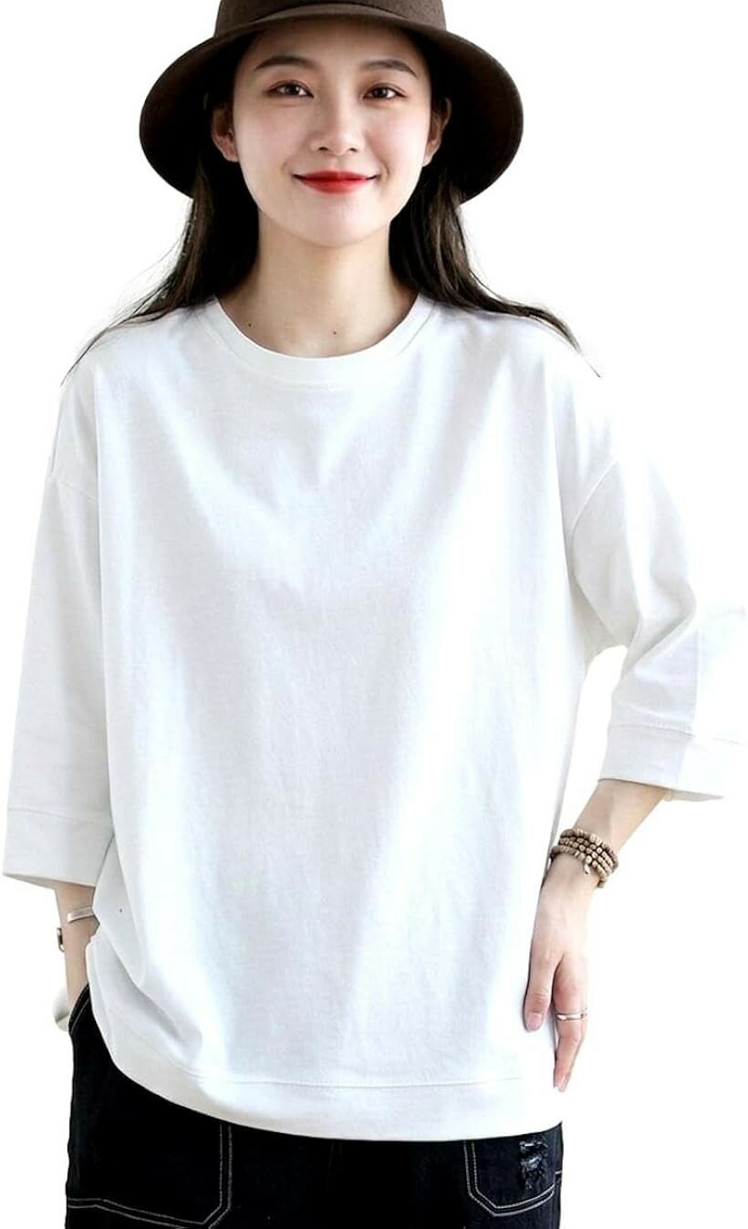 Rakuten - ゆったり着れるTシャツ 体型カバー ゆったり細見え ずっと使える さらっと快適 トップス (ホワイト, Free Size)