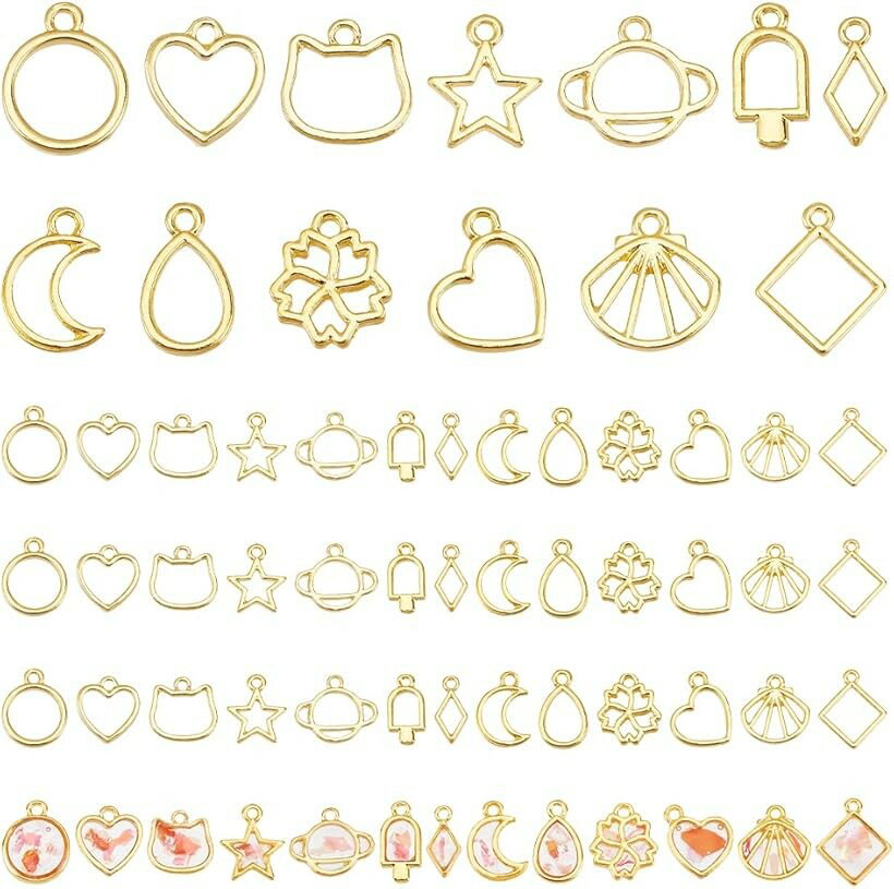 レジン枠 空枠 13種52個 カン付き アクセサリーパーツ チャーム UVレジン レジン封入 DIY用 ペンダント イヤリング 手作り ハンドメイドパーツ デコ素材 合金 (ゴールド, 長さ約13～16mm、幅約10～19mm、)