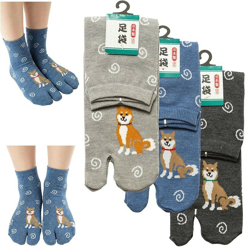 和柄ソックス メンズ ランダム 3足セット 25-27cm｜和風 靴下 足袋風 日本柄 富士 鯉 柴犬 寿司 すもう おもしろ ギフト (柴犬ランダム3枚セット, 25.0-27.0 cm)
