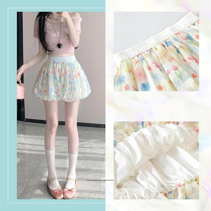 ホリックのふんわり ショート パンツ バルーン シルエット 花柄 ウエスト ゴム 裏地 付き レディース 服 膝 上 短め 台形 フラワー プリント デザイン クロップド 丈 (ホワイト, XL)｜アングル2