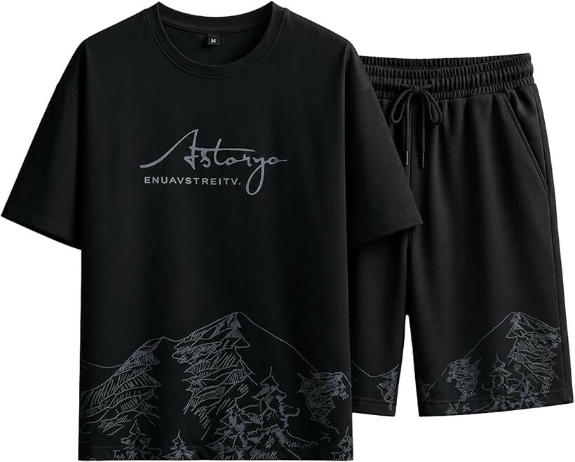 エンプティオ 半袖 上下セット 半ズボン セットアップ プルオーバー スポーツウェア tシャツ メンズ 通気性 リラックス ハーフパンツ 短パン 運動 アウトドア クルーネック 2枚組 涼しい 柔らかい 快適 (カーボンブラック, XL)