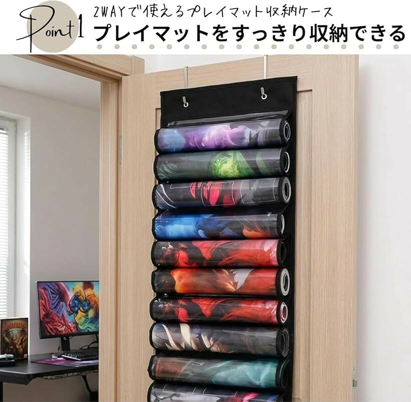 プレイマットケース 収納 ウォールポケット マット収納 吊り下げ式 ドアに吊り下げ可能 12ポケット (ブラック) [3]