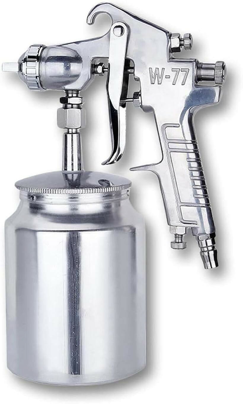 エアー ペイント スプレーガン 吸い上げ式 W-77 口径 2.0～3.0 mm タンク容量 1000ml 下壺式 ステンレス鋼 塗装 工具 (シルバー, 2.5口径)