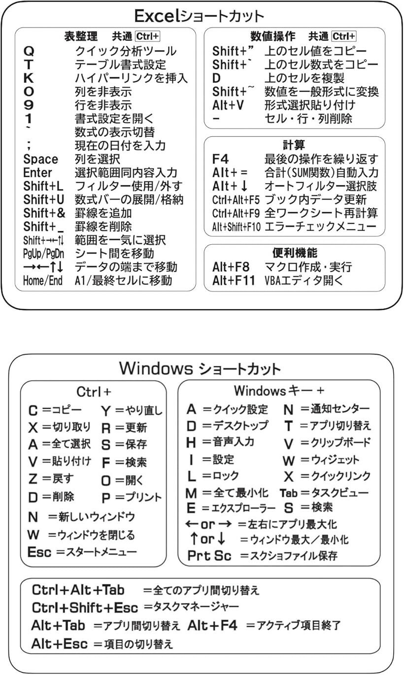 ムイビエン Excel＆Windows ショートカット早見表 2枚セット Office作業効率化 キーボード操作一覧 PC操作 学習カード デスク用 チートシート Windows1枚 (ホワイト, Windows1枚 + Excel1枚)