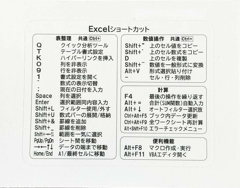 ムイビエン Excel ショートカット早見表 カードタイプ｜作業効率アップ キーボード操作一覧｜デスク用 学習用 ミニチートシート｜初心者～上級者対応｜オフィス 事務 作業効率化 (ホワイト, Excelホワイト1枚)