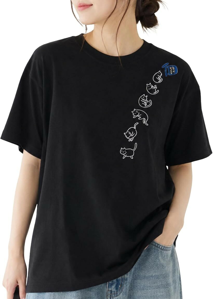 Tシャツ オーバー サイズ ビッグ シルエット ネコ 猫 柄 プリント デザイン 背面 無地 綿 100 レディース 女性 用 春 夏 秋 冬 服 物 半袖 カジュアル ゆったり (ブラック, L)
