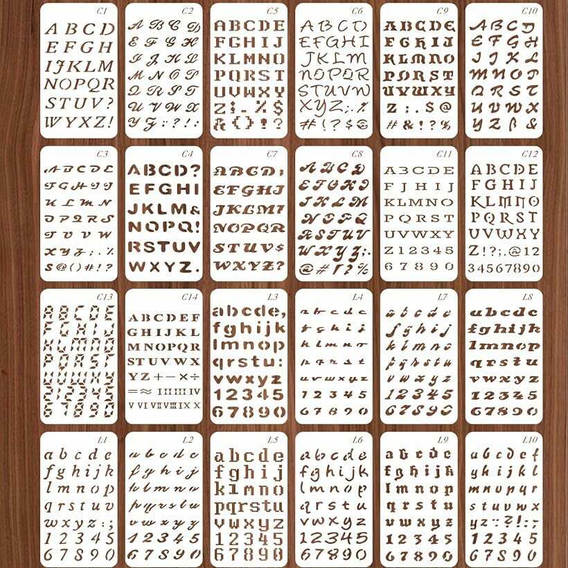 ステンシルシート 描画テンプレート アルファベット DIY 手書きアート 再利用可能 絵画 塗装 手芸 アルバム 手記 数字 (ホワイト, 17 x 10 cm　(24枚セット（A）))