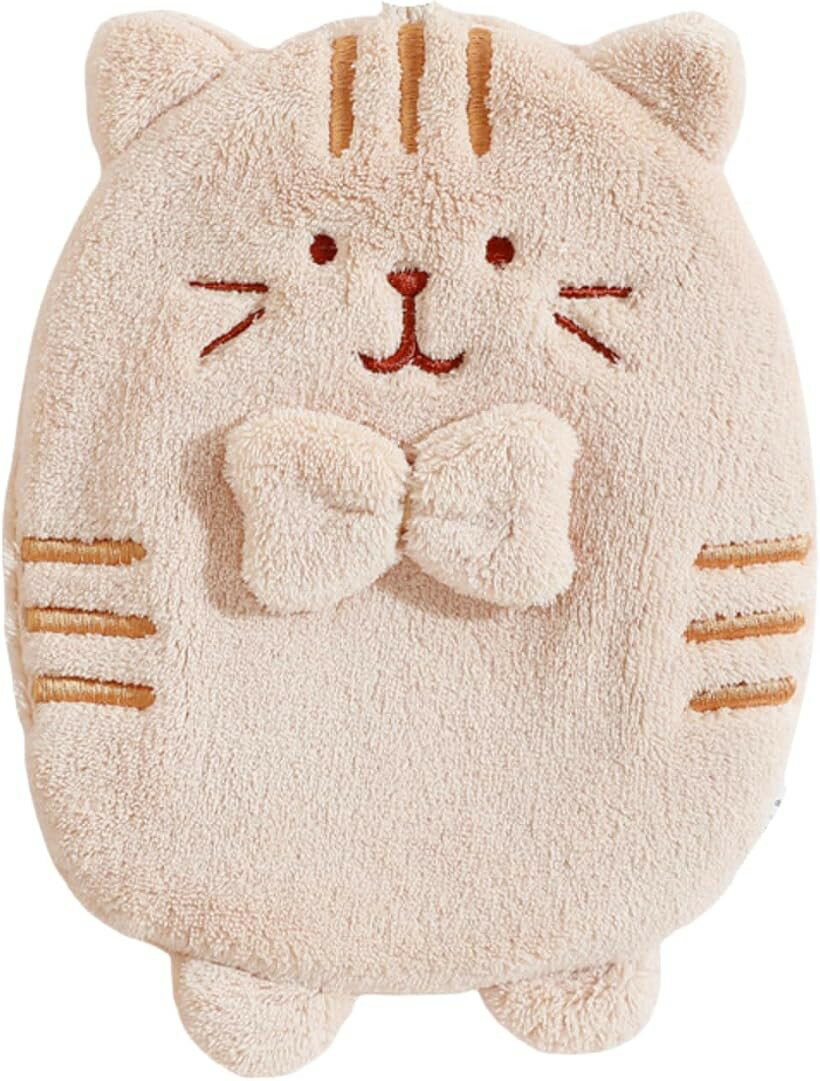 ハンドタオル 猫 ループ付き マイクロファイバー 吸水速乾 ふわふわ ミニタオル ねこ (ブラウン, 19x25cm)