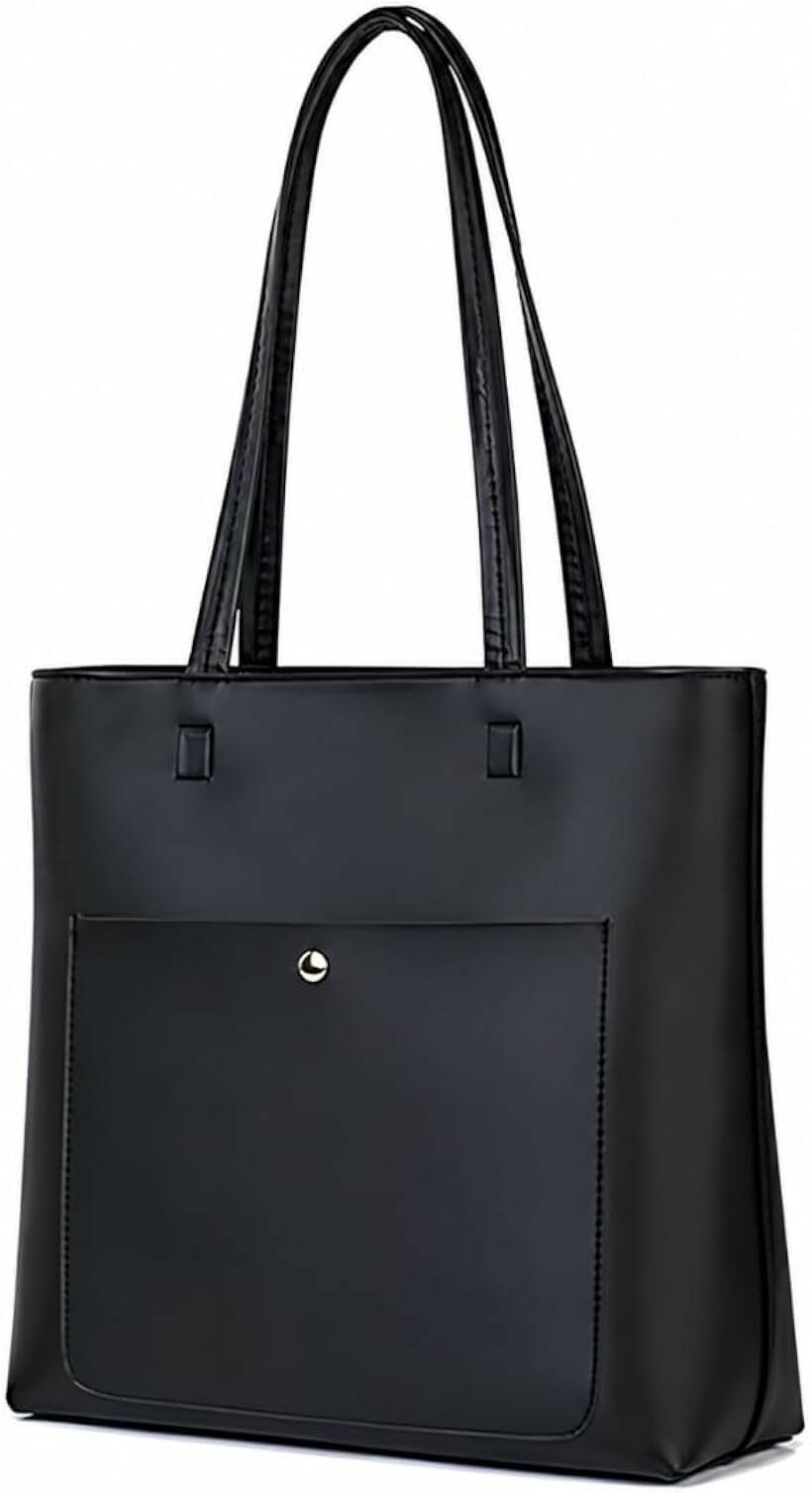 トートバッグ レディース A4対応 縦型 大容量 軽量 PUレザー製 肩掛け 通勤 通学 カジュアル シンプル ファスナー開閉 フロントポケット 内ポケット付き ビジネス (ブラック, 高さ34cmx横30cmx幅6cm)
