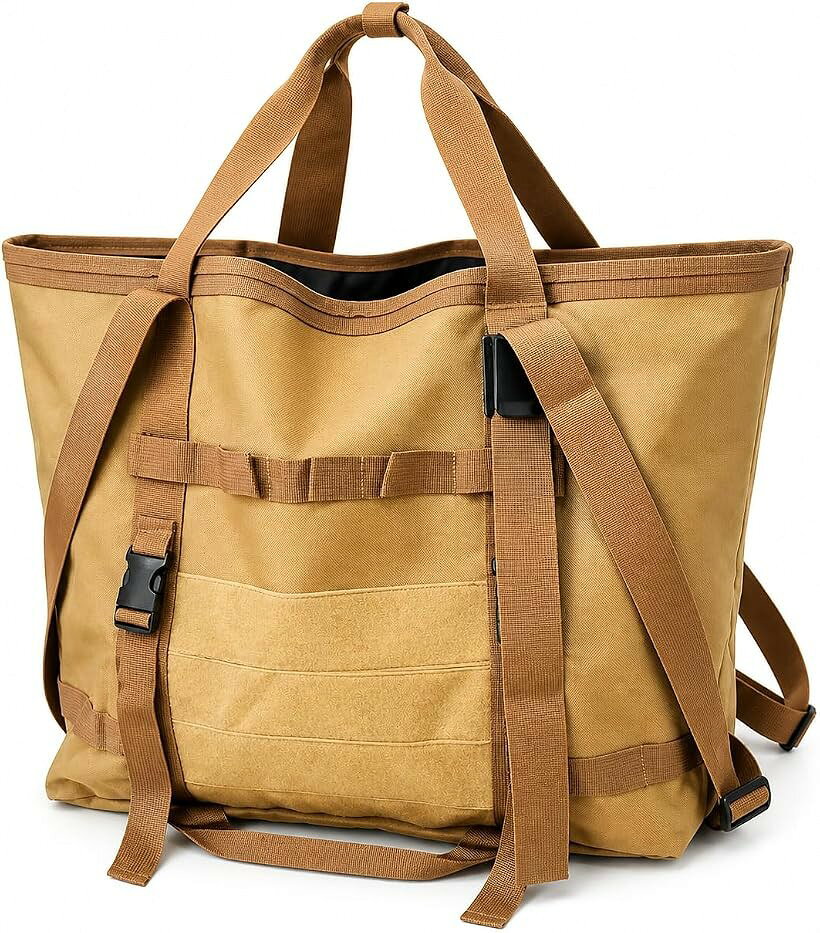 商品コード2bkfjpdnu6商品名キャンプバッグ トートバッグ 3way アウトドア 大容量 33L 焚き火 ナイロン 防水 メンズ 登山 ソロキャンプブランド＆.Auraカラーコヨーテブラウン／ベージュサイズ等39cm x 42cm x 20cm「サイズ」縦39cmx底幅42cmx上幅60cmx奥行20cm33Lの大容量「大容量33L」ソロキャンプ・登山・BBQ・旅行・ジムなど、あらゆるシーンで必要な荷物をまとめて収納できます。「WAY仕様」多彩なスタイル：手提げ・肩掛け、斜めかけ・リュック風の3通りの持ち方に対応し、シーンに合わせて自由に使い分けられます。「MOLLEシステム搭載」フロントのMOLLEウェビングにギアやツールを自由にカスタム取り付け可能。外付けポケットで小物もすぐに取り出せます。パッド入りショルダーストラップが肩への負担を軽減し、Dカン付きでカラビナや小物の取り付けにも対応しています。高密度の600D防水ナイロンを採用しており、突然の雨でも荷物をしっかり守ります。※ 他ネットショップでも併売しているため、ご注文後に在庫切れとなる場合があります。予めご了承ください。※ 品薄または希少等の理由により、参考価格よりも高い価格で販売されている場合があります。ご注文の際には必ず販売価格をご確認ください。※ 沖縄県、離島または一部地域の場合、別途送料の負担をお願いする場合があります。予めご了承ください。※ お使いのモニタにより写真の色が実際の商品の色と異なる場合や、イメージに差異が生じることがあります。予めご了承ください。※ 商品の詳細（カラー・数量・サイズ 等）については、ページ内の商品説明をご確認のうえ、ご注文ください。※ モバイル版・スマホ版ページでは、お使いの端末によっては一部の情報が表示されないことがあります。すべての記載情報をご確認するには、PC版ページをご覧ください。どんなシーンにも対応できる、頼れる3wayトートバッグです。容量縦39cmx底幅42cmx上幅60cmx奥行20cm33Lの大容量メインコンパートメントを備え、ソロキャンプの焚き火ギアから登山・ハイキングの装備、BBQの食材や道具、旅行・出張の荷物、ジム・スポーツ用品まで、幅広い用途でご活用いただけます。素材には600D防水ナイロンを採用しており、突然の雨でも中の荷物をしっかり守ります。手提げ・肩掛け・斜めかけ・リュックの4通りのスタイルで使えるため、シーンや気分に合わせて自由にアレンジ可能です。MOLLEウェビングシステムを搭載しており、ギアやツールを自由にカスタマイズして整理・携行できます。外付けポケットで小物にすぐアクセスでき、Dカンにはカラビナや小物の取り付けも便利。パッド入りショルダーストラップが肩への負担を軽減し、重い荷物でも快適に持ち運べます。アウトドアにも日常使いにも、これ一つでスマートに対応できるバッグです。