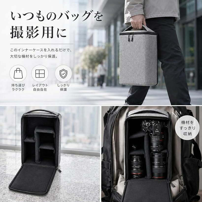 カメラインナーケース 縦型 カメラバッグ インナーバッグ 仕切り付き レンズ収納 ...