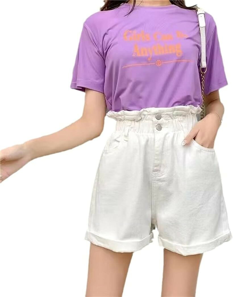レディース ボトムス ショートパンツ デニム ジーンズ ハイウエスト ロールアップ 美脚 お洒落 可愛い シンプル お出かけ デート 婦人 女性 ショーパン ハーフ ジーパン (ホワイト, L)