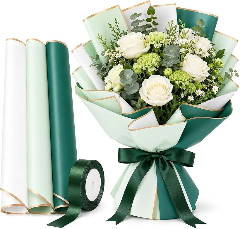 バリエーションコード : 2bk54j5y8v商品コード2bk544g99x商品名GLOFIN ラッピングペーパー 花束 包装紙 60枚 リボン付き 3色セット 同系色 フラワーラッピング 母の日 父の日 ギフトブランドグロフィンカラーグリーンサイズ等57cmx57cm「同系色3色xリボン付きの花束ラッピングセット」ラッピングペーパー3色と、相性の良いカラーリボンを組み合わせた花束ラッピングセット。色合わせに迷いにくく、届いてすぐに統一感のあるラッピングを楽しめます。花束やブーケ、ギフト包装を上品に仕上げたい方におすすめです。「たっぷり使える合計60枚入り」ラッピングペーパーは3色x各20枚、合計60枚入り。家庭用のギフト包装はもちろん、花屋さん、ギフトショップ、ハンドメイド作家さん、イベント用の包装資材としても使いやすい大容量セットです。「花束を包みやすい約57x57cmサイズ」花束やブーケのラッピングに使いやすい約57x57cmサイズ。小さめの花束からボリュームのあるブーケまで包みやすく、必要に応じてカットすれば小物やプレゼント包装にも活用できます。「幅2.5cmx長さ22mのリボン付き」仕上げに便利なサテン調リボンが1巻付属。幅2.5cmで存在感があり、花束の結び目やギフト包装のアクセントにぴったりです。紙とリボンの色を合わせることで、まとまりのある華やかな印象に仕上がります。「シーンに合わせて選べる5パターン」高級感のあるモノトーン系、華やかなレッド系、爽やかなブルー系、上品なパープル系、自然になじむグリーン系をご用意。母の日、父の日、誕生日、卒業式、送別会、長寿祝い、記念日など、贈る相手やシーンに合わせて選べます。※ 他ネットショップでも併売しているため、ご注文後に在庫切れとなる場合があります。予めご了承ください。※ 品薄または希少等の理由により、参考価格よりも高い価格で販売されている場合があります。ご注文の際には必ず販売価格をご確認ください。※ 沖縄県、離島または一部地域の場合、別途送料の負担をお願いする場合があります。予めご了承ください。※ お使いのモニタにより写真の色が実際の商品の色と異なる場合や、イメージに差異が生じることがあります。予めご了承ください。※ 商品の詳細（カラー・数量・サイズ 等）については、ページ内の商品説明をご確認のうえ、ご注文ください。※ モバイル版・スマホ版ページでは、お使いの端末によっては一部の情報が表示されないことがあります。すべての記載情報をご確認するには、PC版ページをご覧ください。同系色3色のラッピングペーパーと、相性の良いカラーリボンを組み合わせた花束ラッピングセットです。ラッピングペーパーは3色x各20枚、合計60枚入り。統一感のある色合わせなので、花束やブーケを包むだけで上品でおしゃれな印象に仕上がります。リボンは幅2.5cmx長さ22mの1巻付き。別でリボンを用意する必要がなく、届いてすぐにラッピングに使えます。カラーは、モノトーン系・レッド系・ブルー系・パープル系・グリーン系の5パターン。母の日、父の日、誕生日、卒業式、送別会、長寿祝い、記念日など、贈る相手やシーンに合わせて選べます。花束を包みやすい約57x57cmサイズで、ギフト包装やハンドメイド作品のラッピング、花屋さん・ギフトショップの包装資材としてもおすすめです。