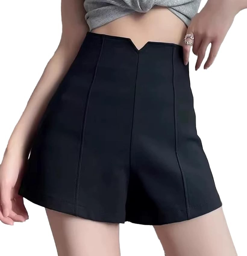 レディース ショート パンツ 美脚 ハイウエスト 美尻 ホット ズボン ボトムス シンプル Aライン 脚長効果 タック入り 無地 薄手 (ブラック, XL)