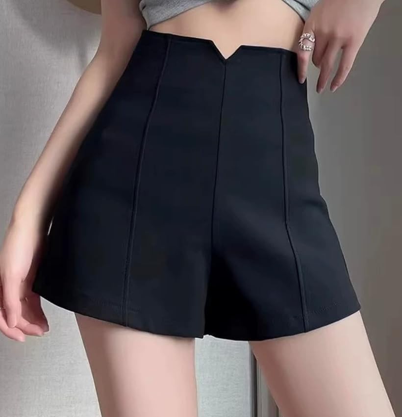 ホリックのレディース ショート パンツ 美脚 ハイウエスト 美尻 ホット ズボン ボトムス シンプル Aライン 脚長効果 タック入り 無地 薄手 (ブラック, XL)｜アングル2