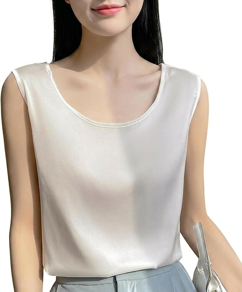 レディース タンクトップ インナー 下着 サテン風 無地 Uネック 背中開き セクシー 綺麗め 仕事 オフィス カジュアル シンプル (ホワイト, L)