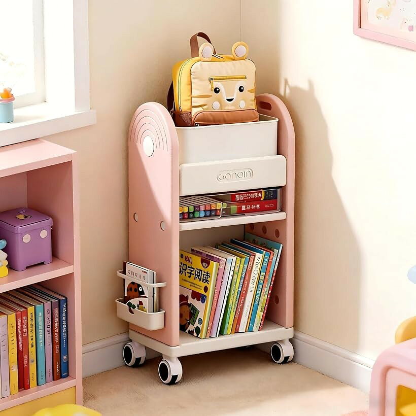 ランドセルラック 収納ワゴン キャスター付き 本棚 子供用 幅42cm 奥行25cm 引き出し付き A4対応 教科書収納 文具収納 絵本ラック お絵かきボード付き 子供部屋 学習机横 リビング収納 (ピンク-3段, 3段-高さ76cm)